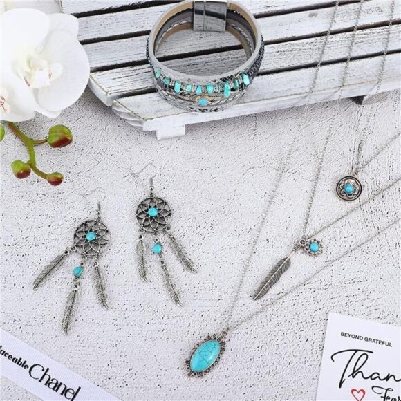 Boho Turquoise Jewelry Set – Dreamcatcher Earrings, Necklace & Bracelet Set - Picture 3 of 5